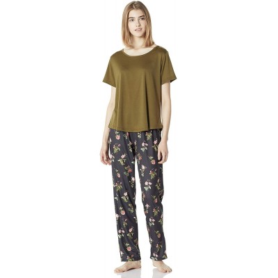 Sets Women's Sleepwear Knit V-Neck Short-Sleeve Tee T-Shirt&Pant Pajama Set - Army Green/Floral - CQ18ADTGT4E