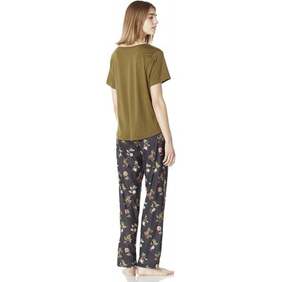 Sets Women's Sleepwear Knit V-Neck Short-Sleeve Tee T-Shirt&Pant Pajama Set - Army Green/Floral - CQ18ADTGT4E