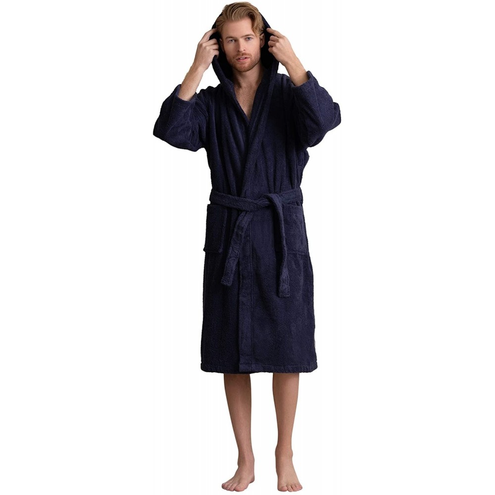 Robes Men's Hooded Bathrobe Premium Turkish Cotton Cloth- Comfortable- Absorbent Terry Bath Robe - Navy - CS189TAUD6Q