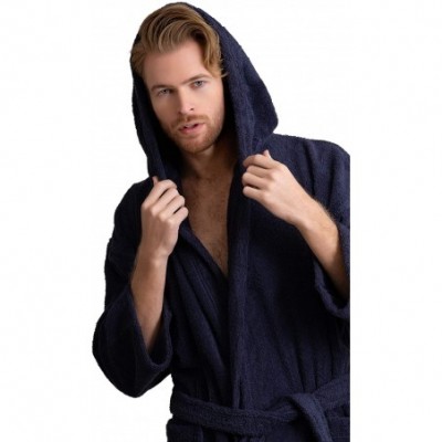 Robes Men's Hooded Bathrobe Premium Turkish Cotton Cloth- Comfortable- Absorbent Terry Bath Robe - Navy - CS189TAUD6Q