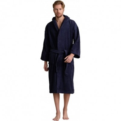 Robes Men's Hooded Bathrobe Premium Turkish Cotton Cloth- Comfortable- Absorbent Terry Bath Robe - Navy - CS189TAUD6Q