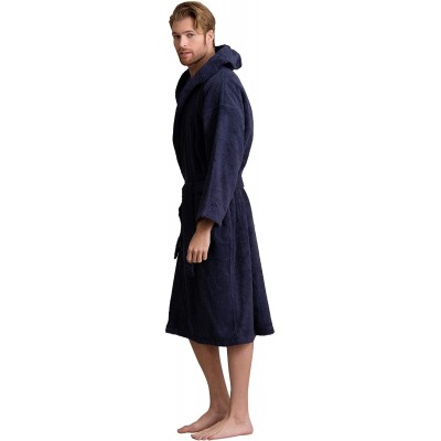 Robes Men's Hooded Bathrobe Premium Turkish Cotton Cloth- Comfortable- Absorbent Terry Bath Robe - Navy - CS189TAUD6Q