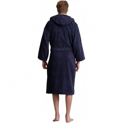 Robes Men's Hooded Bathrobe Premium Turkish Cotton Cloth- Comfortable- Absorbent Terry Bath Robe - Navy - CS189TAUD6Q