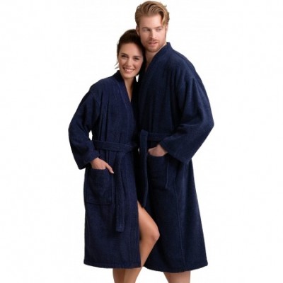 Robes Men's Hooded Bathrobe Premium Turkish Cotton Cloth- Comfortable- Absorbent Terry Bath Robe - Navy - CS189TAUD6Q