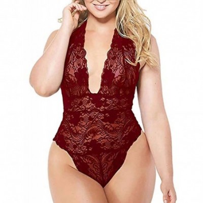 Baby Dolls & Chemises Plus Size Lace Teddy Sleepwear Halter Plunging One-Piece Lingerie Deep V Teddy One Piece Lace Babydoll ...