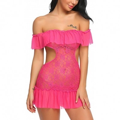 Baby Dolls & Chemises Women's Lingerie Dress Lace Ruffle Trim Babydoll Off Shoulder Chemise Nighties - Style 2-rose Red - CE1...