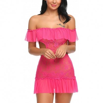 Baby Dolls & Chemises Women's Lingerie Dress Lace Ruffle Trim Babydoll Off Shoulder Chemise Nighties - Style 2-rose Red - CE1...