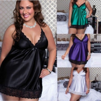 Garters & Garter Belts Plus Size Lingerie Deep V Neck Lace Chemise Nightwear Dress Women - White - C018LTA0DAI