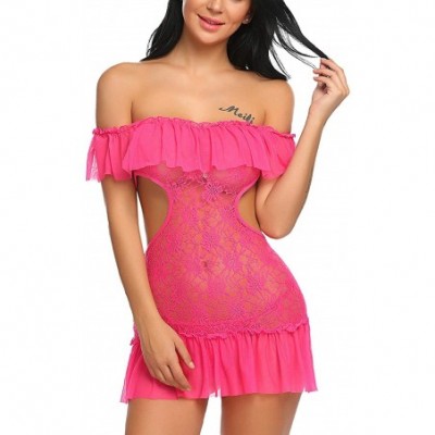 Baby Dolls & Chemises Women's Lingerie Dress Lace Ruffle Trim Babydoll Off Shoulder Chemise Nighties - Style 2-rose Red - CE1...