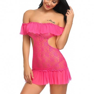 Baby Dolls & Chemises Women's Lingerie Dress Lace Ruffle Trim Babydoll Off Shoulder Chemise Nighties - Style 2-rose Red - CE1...