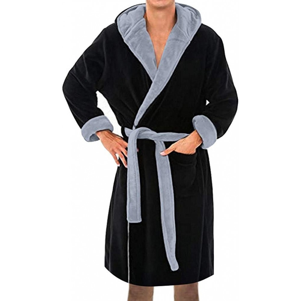 Robes Hooded Men's Soft Spa Long Bathrobe- Comfy Full Length Warm Nightdress Fleece Plush Shawl Collar Robe - Black - CQ193GN...