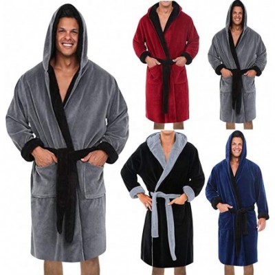 Robes Hooded Men's Soft Spa Long Bathrobe- Comfy Full Length Warm Nightdress Fleece Plush Shawl Collar Robe - Black - CQ193GN...