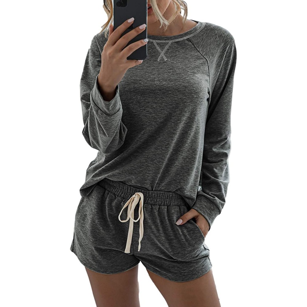 Sets Women 2 Piece Outfits Off Shoulder Long Sleeve Casual Sweatsuits - Short-dark Grey - CB199GSYNRW