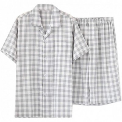 Sleep Sets Men Pjs Plaid Stripes Casual Loose Short Sleve Family Pajama Set - Grey - CW18TQELZS2