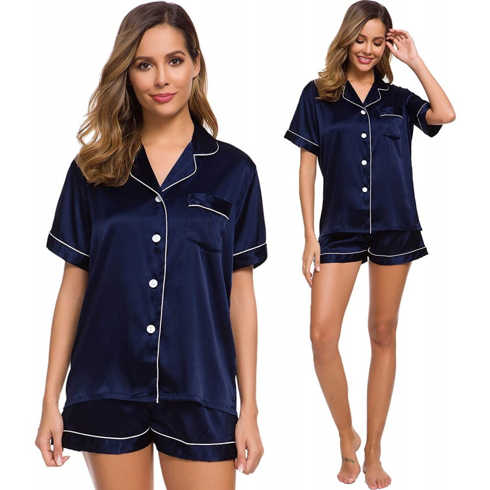 Sets Womens Silk Satin Pajamas Set Two-Piece Pj Sets Sleepwear Loungewear Button-Down Pj Sets - Deep Navy Blue - CK196WZN5KQ