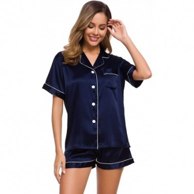 Sets Womens Silk Satin Pajamas Set Two-Piece Pj Sets Sleepwear Loungewear Button-Down Pj Sets - Deep Navy Blue - CK196WZN5KQ