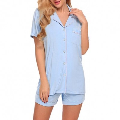 Sets Pajamas Set Short Sleeve Sleepwear Womens Button Down Nightwear Soft Pj Lounge Sets XS-XXL - Lihgt Sky Blue - CF185YEGHTR