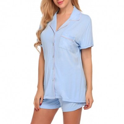 Sets Pajamas Set Short Sleeve Sleepwear Womens Button Down Nightwear Soft Pj Lounge Sets XS-XXL - Lihgt Sky Blue - CF185YEGHTR