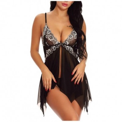 Baby Dolls & Chemises Lingerie for Women Sexy Lace Babydoll V Neck Chemise Front Closure Sleepwear Nightie Nightgowns - Black...