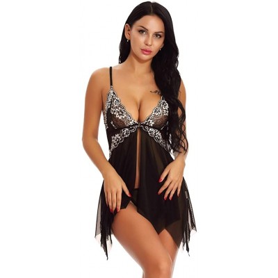 Baby Dolls & Chemises Lingerie for Women Sexy Lace Babydoll V Neck Chemise Front Closure Sleepwear Nightie Nightgowns - Black...