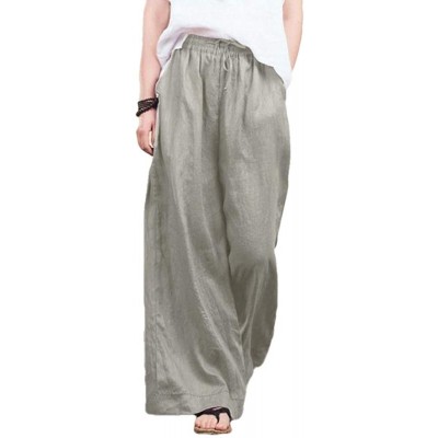 Bottoms Lightweight Cotton Linen Drawstring Loose Fit Solid Wide Leg Palazzo Lounge Pants - Grey - CQ19CM0OE7U