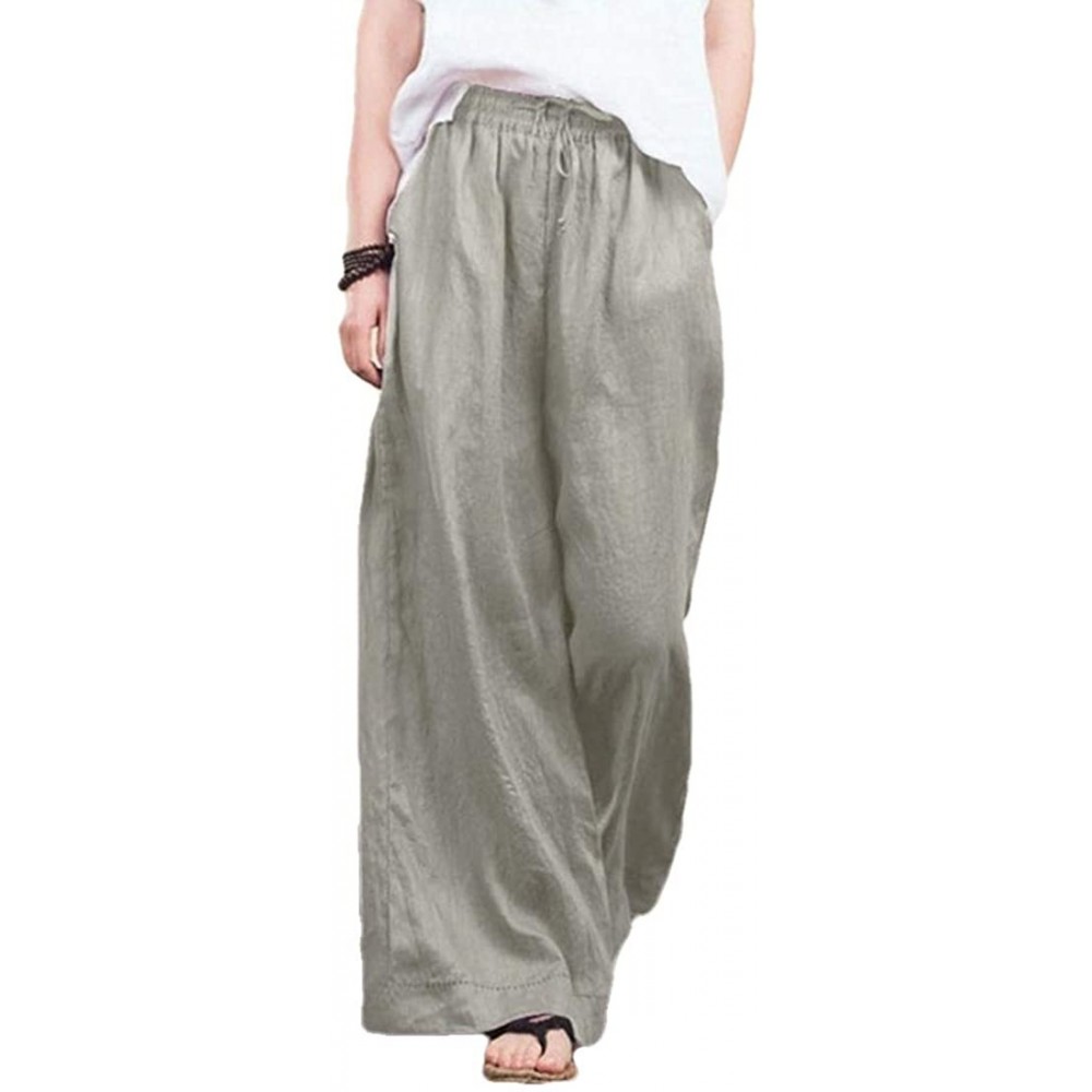 Bottoms Lightweight Cotton Linen Drawstring Loose Fit Solid Wide Leg Palazzo Lounge Pants - Grey - CQ19CM0OE7U