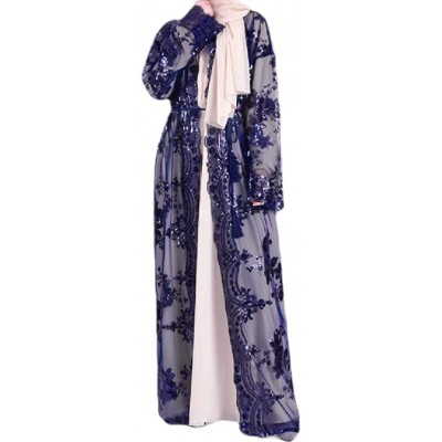 Robes Women's Islamic Luxurious Sequin Muslim Embroidered Kaftan Dresses - Navy Blue - CS199MXWQH5