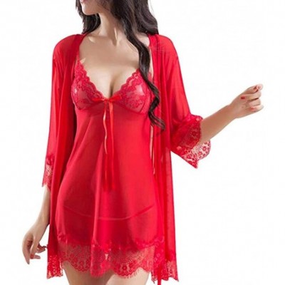 Nightgowns & Sleepshirts 3 Pcs Women's Long Chemise Nightgown Set Sexy Lace Babydoll Lingerie Bridal Eyelash Negligee(S-3XL) ...