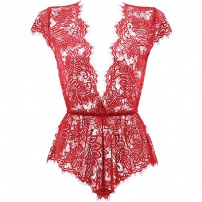 Baby Dolls & Chemises Womens Lingerie V Neck Lace Bodysuit Mini Babydoll Features Plunging Eyelash XS-XXL - Dark Red - CU18R7...