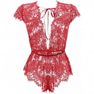 Baby Dolls & Chemises Womens Lingerie V Neck Lace Bodysuit Mini Babydoll Features Plunging Eyelash XS-XXL - Dark Red - CU18R7...