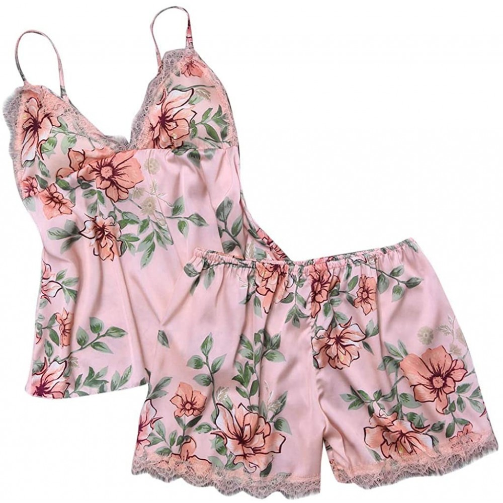 Sets Women Sleepwear Sleeveless Strap Nightwear Lace Trim Satin Cami Top Pajama Sets - D-pink - C518UNZL9C4