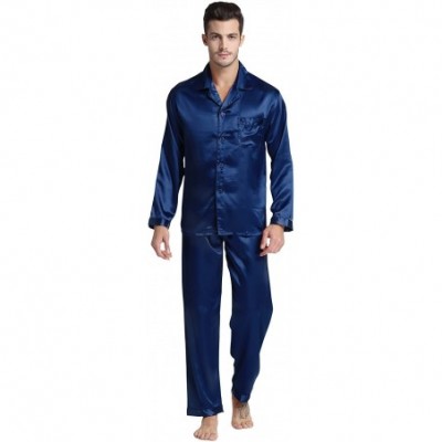 Sleep Sets Men's Classic Satin Pajama Set Sleepwear - Navy Blue - CN11P18I07D