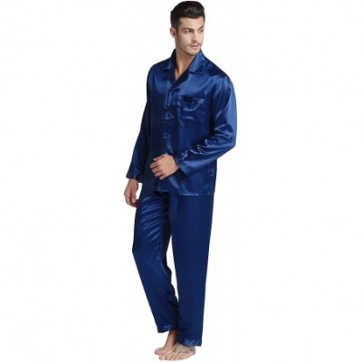 Sleep Sets Men's Classic Satin Pajama Set Sleepwear - Navy Blue - CN11P18I07D