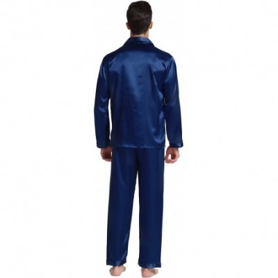 Sleep Sets Men's Classic Satin Pajama Set Sleepwear - Navy Blue - CN11P18I07D