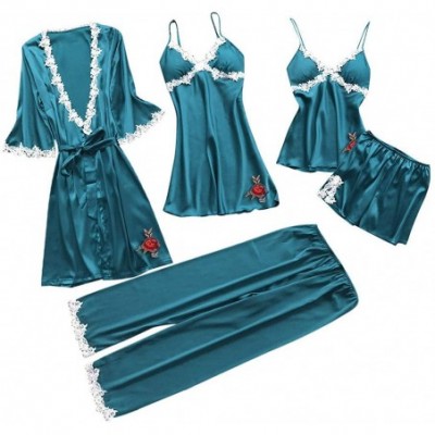 Sets 5 PCS Sleepwear Women's Chemise Nightgown Full Slip Lace Lounge Dress - Dark Blue - CH18QG97LQL