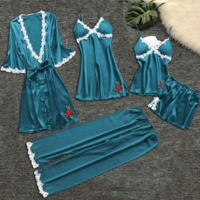 Sets 5 PCS Sleepwear Women's Chemise Nightgown Full Slip Lace Lounge Dress - Dark Blue - CH18QG97LQL