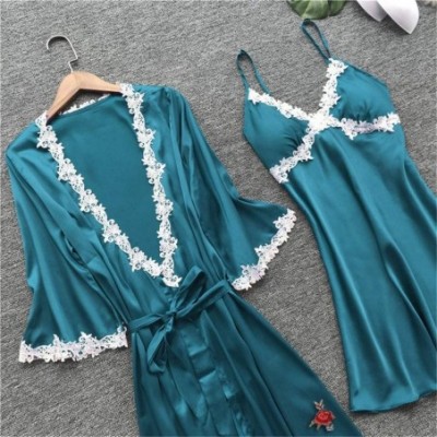 Sets 5 PCS Sleepwear Women's Chemise Nightgown Full Slip Lace Lounge Dress - Dark Blue - CH18QG97LQL