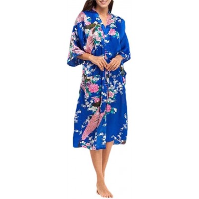 Robes Women's Charmeuse Cozy 3/4 Sleeve Style Soft Floral Print Kimono - Sapphire Blue - C2199SN9U3C