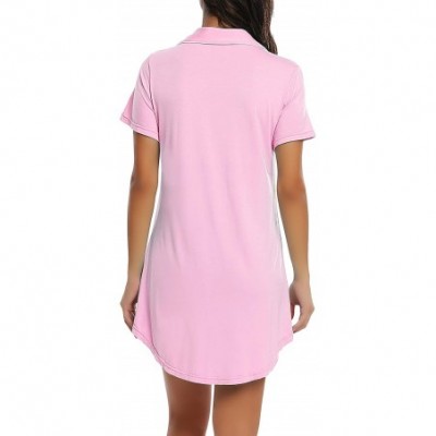 Nightgowns & Sleepshirts Womens Short Sleeve Nightgown Button Down Nightshirt Bamboo Sleep Shirt Soft Pajama Top - Pink-short...