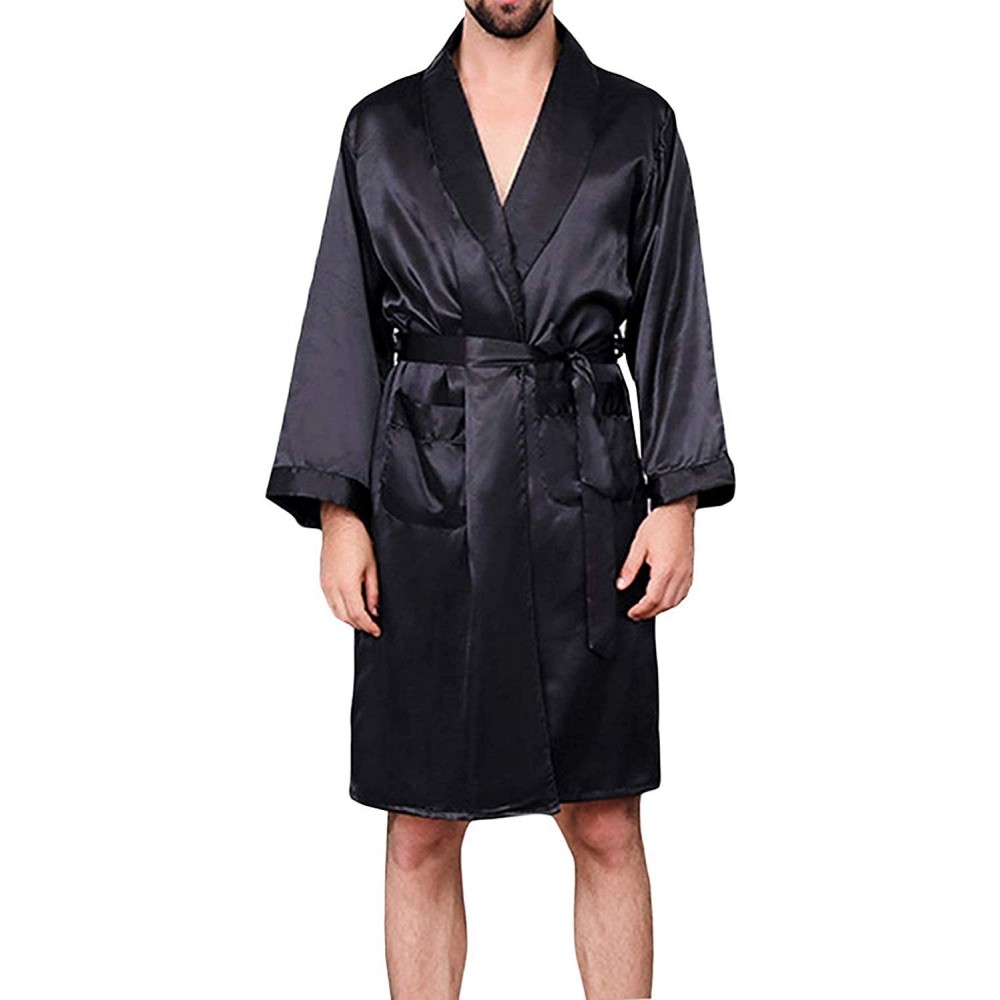 Robes Mens Satin Robe-Soft Silk Long Sleeve House Kimono Bathrobe Sleepwear Loungewear-Robe or Robe Set - B Style-black(no Sh...