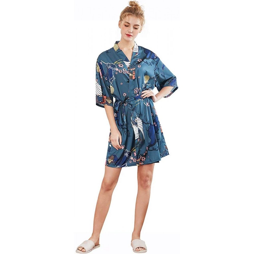 Robes Women's Sexy Floral Satin Kimono Robe Wedding Sleepwear - Navy Crane Floral - C6199O0X43D