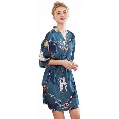 Robes Women's Sexy Floral Satin Kimono Robe Wedding Sleepwear - Navy Crane Floral - C6199O0X43D