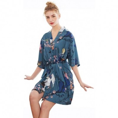 Robes Women's Sexy Floral Satin Kimono Robe Wedding Sleepwear - Navy Crane Floral - C6199O0X43D