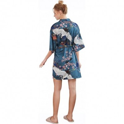 Robes Women's Sexy Floral Satin Kimono Robe Wedding Sleepwear - Navy Crane Floral - C6199O0X43D