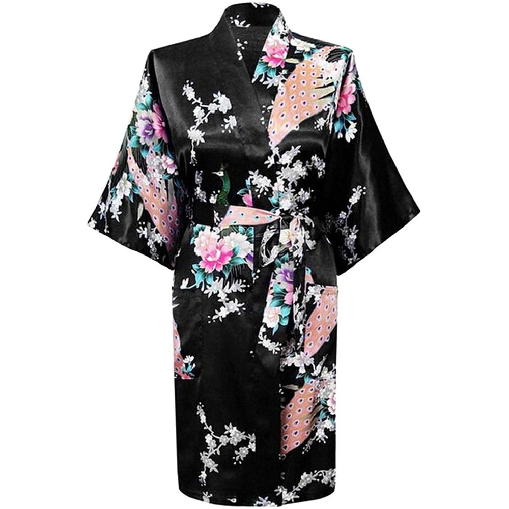 Robes Women Long Robe Print Flower Peacock Bathrobe Gown Bride Wedding Robes - Black B - C818XE5LD5D