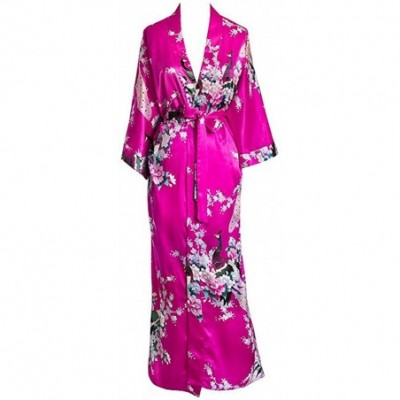 Robes Women Long Robe Print Flower Peacock Bathrobe Gown Bride Wedding Robes - Black B - C818XE5LD5D