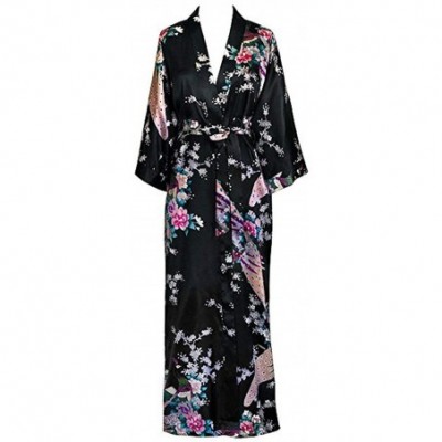 Robes Women Long Robe Print Flower Peacock Bathrobe Gown Bride Wedding Robes - Black B - C818XE5LD5D