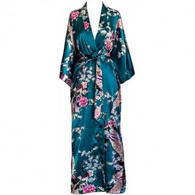 Robes Women Long Robe Print Flower Peacock Bathrobe Gown Bride Wedding Robes - Black B - C818XE5LD5D