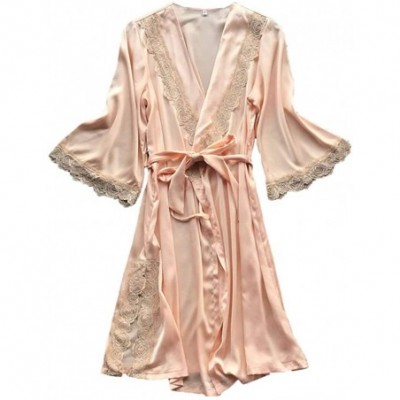 Robes Bathrobe for Women-Sexy V-Neck Rose Embroidery Kimono Robes Loose Fit Full Slip Sleepwear with Sashes - Beige - C819840...