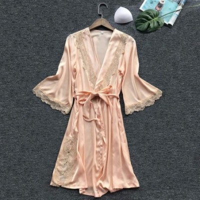 Robes Bathrobe for Women-Sexy V-Neck Rose Embroidery Kimono Robes Loose Fit Full Slip Sleepwear with Sashes - Beige - C819840...